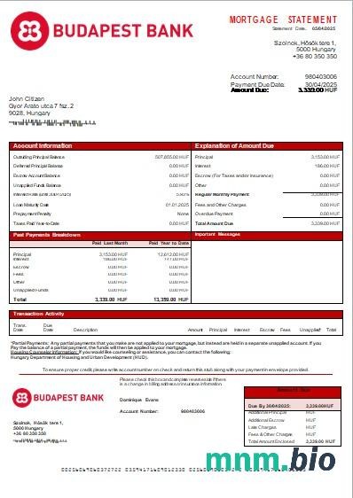 Węgry Budapest Bank – Filiá Szolnok wyciąg z kredytu hipotecznego szablon Word i PDF